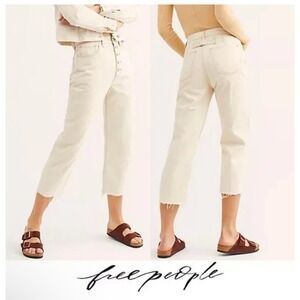 Free‎ People Rinsed Seeded Ivory Barrel Jean Button Fly Hi Rise Women Sz 28 Long